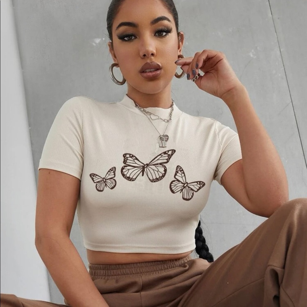 SHEIN Butterfly Print Mock Neck Tee